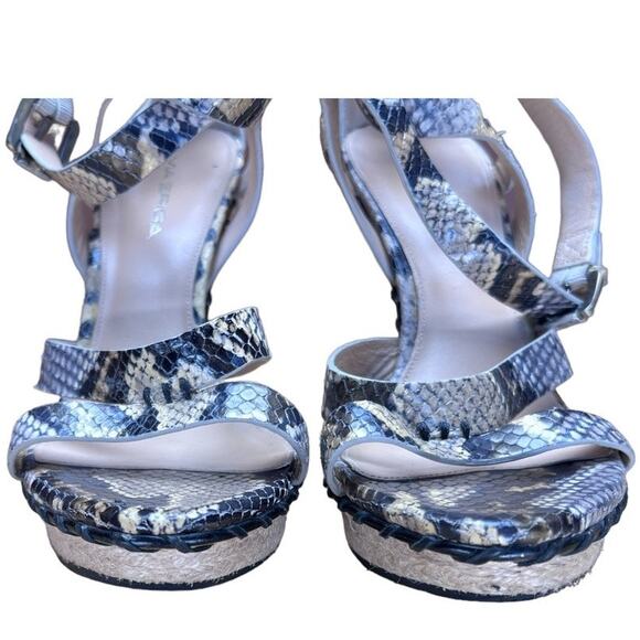 Via Spiga Snake Print Leather Platform Sandals Jute Wrapped Heel Size 8 Gray Tan - Picture 2 of 12